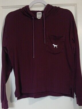 PINK XS Maroon Hooded Pocket Long Sleeve T-Shirt